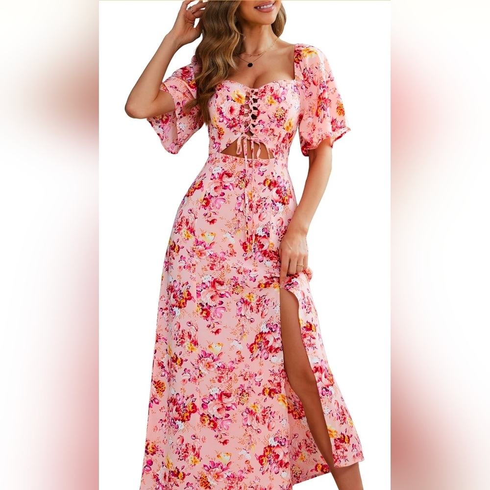 Floral Lace-Up Pink Maxi Dress with Side Slit